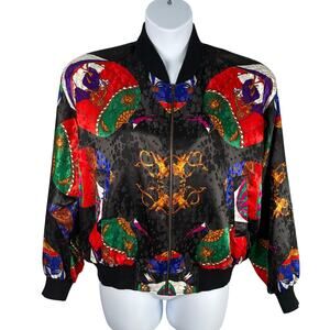 Vintage 80's GDP Too Satin Jacket Women One Size Black Jacquard Sun Moon Cherubs